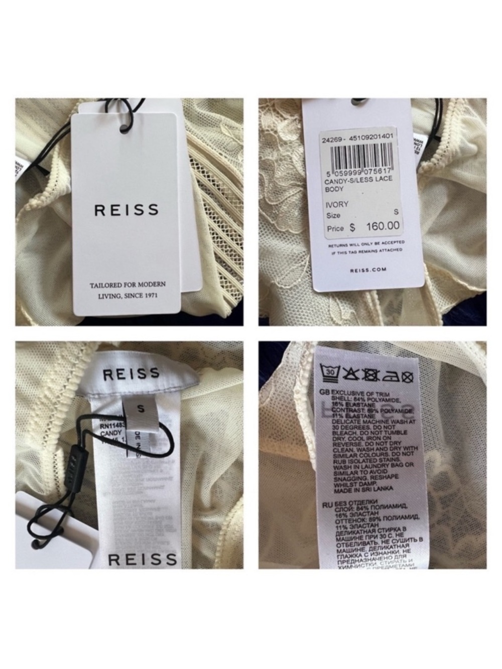 New! REISS Stretch Sexy Lace Plunge Open Back Bodysuit in Cream Ivory - Picture 11 of 11